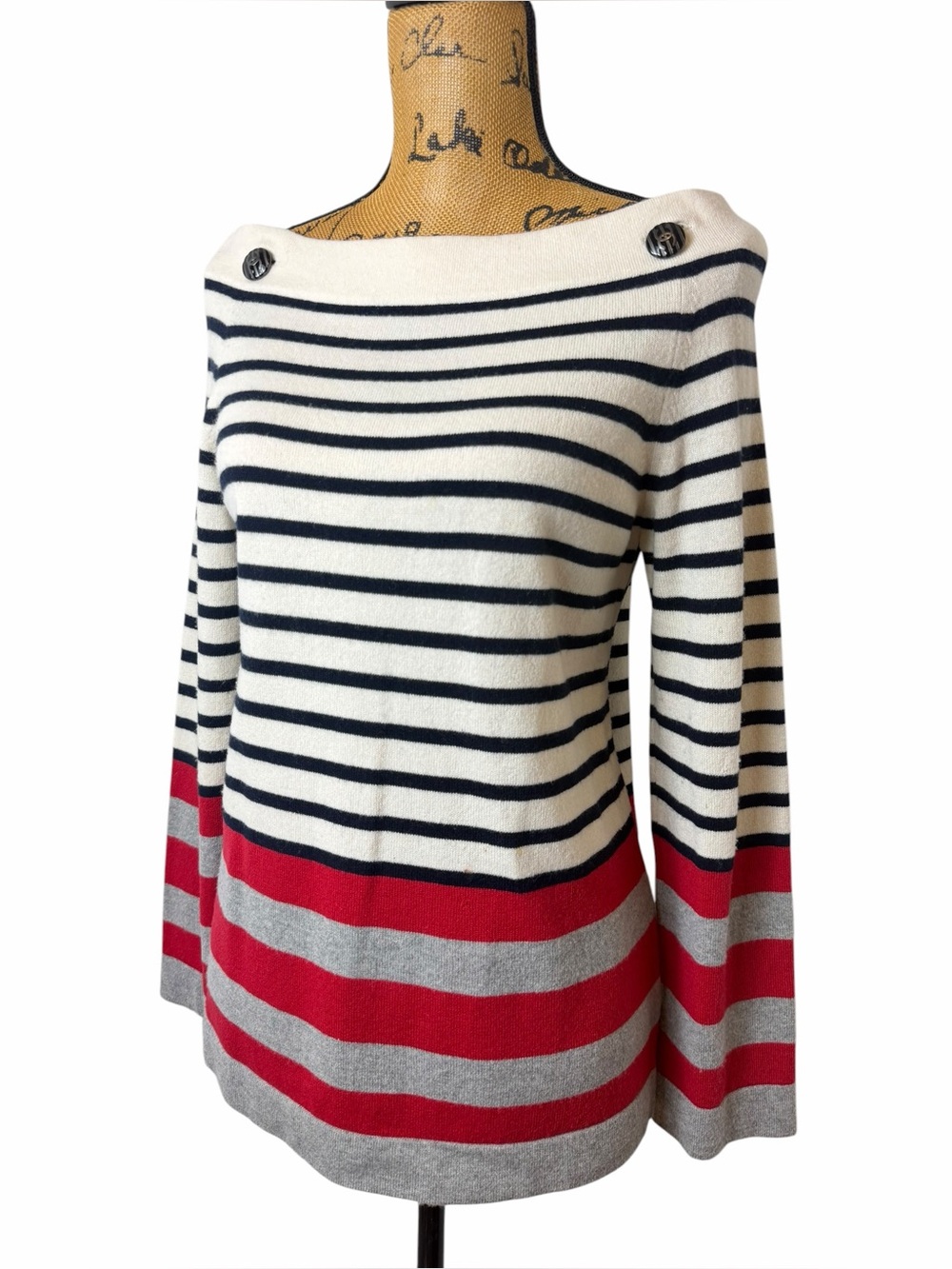 CHANEL 100% Cashmere CC Button Chain Shoulder Breton Sweater FR 40 US 8 - Picture 6 of 15